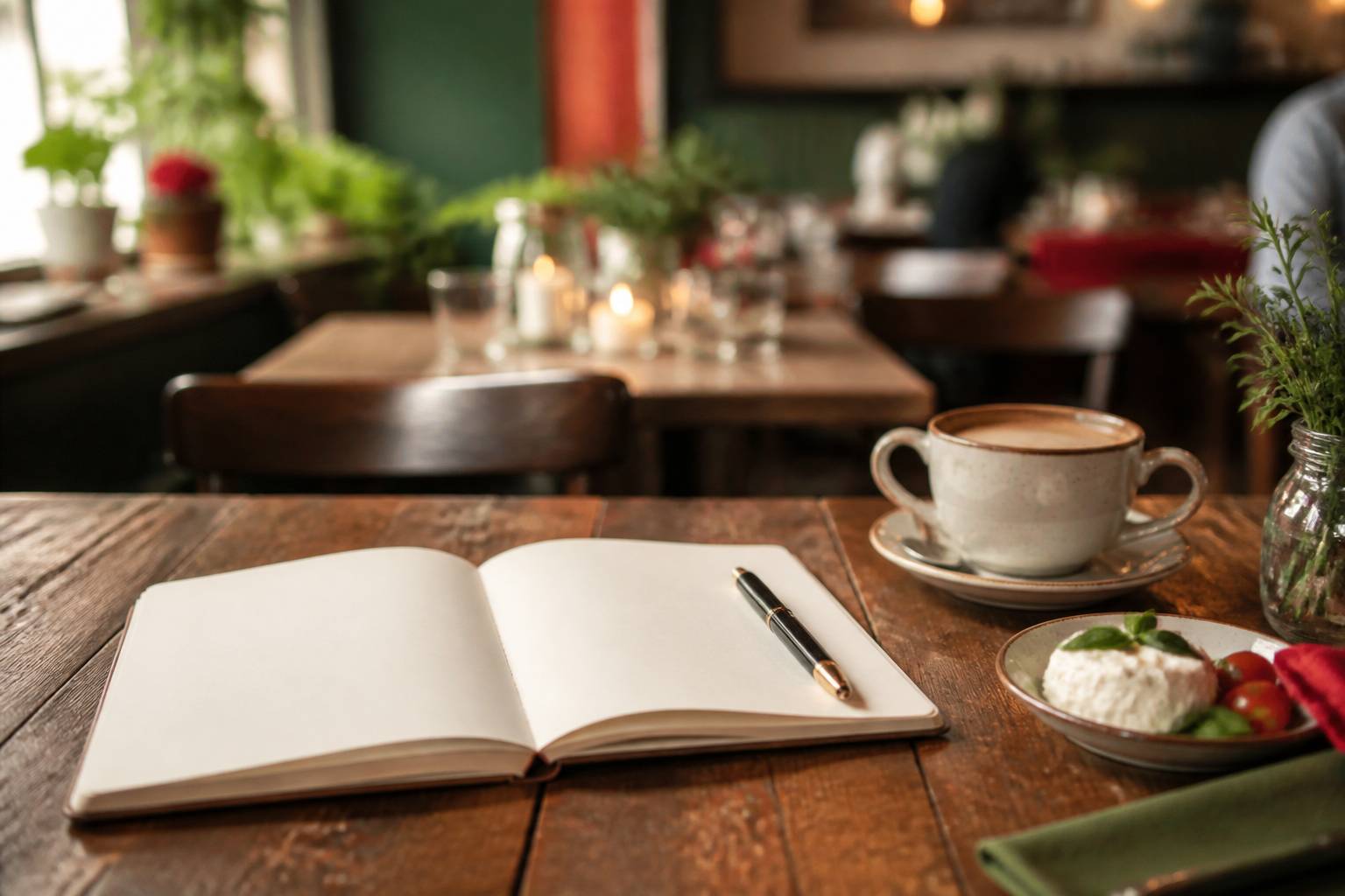 Carnet et stylo sur une table de restaurant pour newsletter