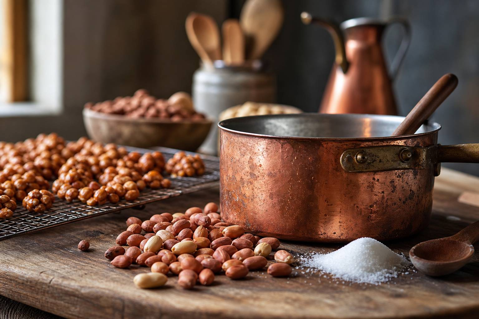 Ingrédients pour chouchous maison avec casserole en cuivre et sucre