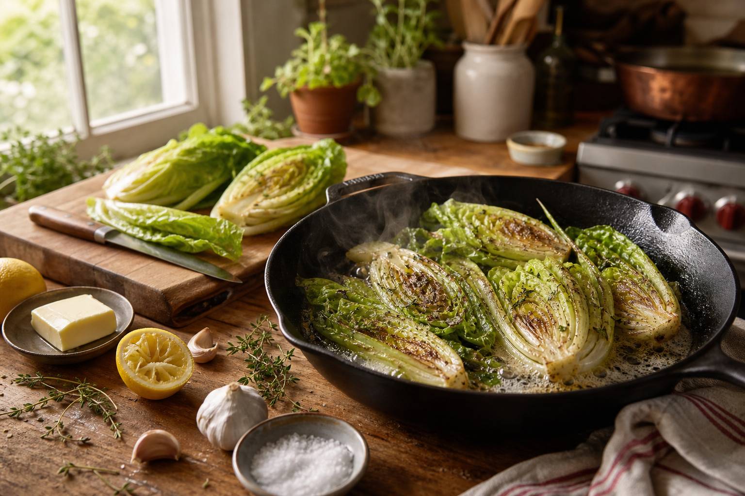 Cuisson des sucrines à la poêle avec du beurre et des herbes, préparation culinaire étape par étape
