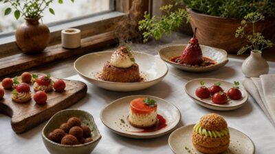 Table dressée desserts confiseries gastronomiques nappe blanche
