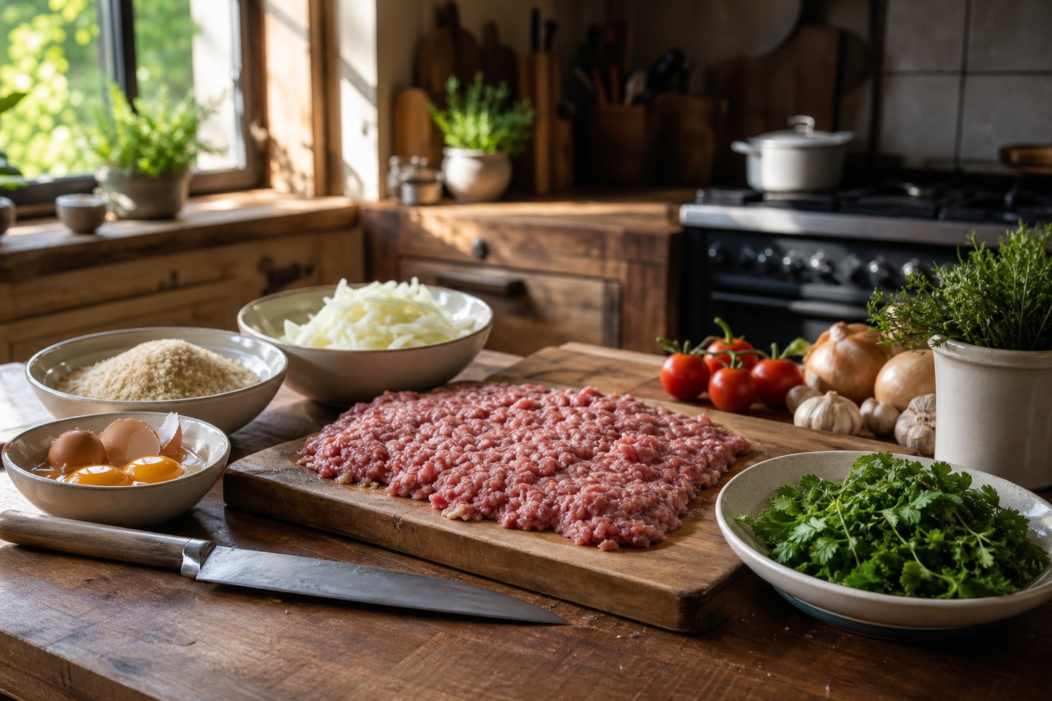 Preparation de Fleischkiechle avec viande hachee oignons oeufs et chapelure sur plan de travail bois