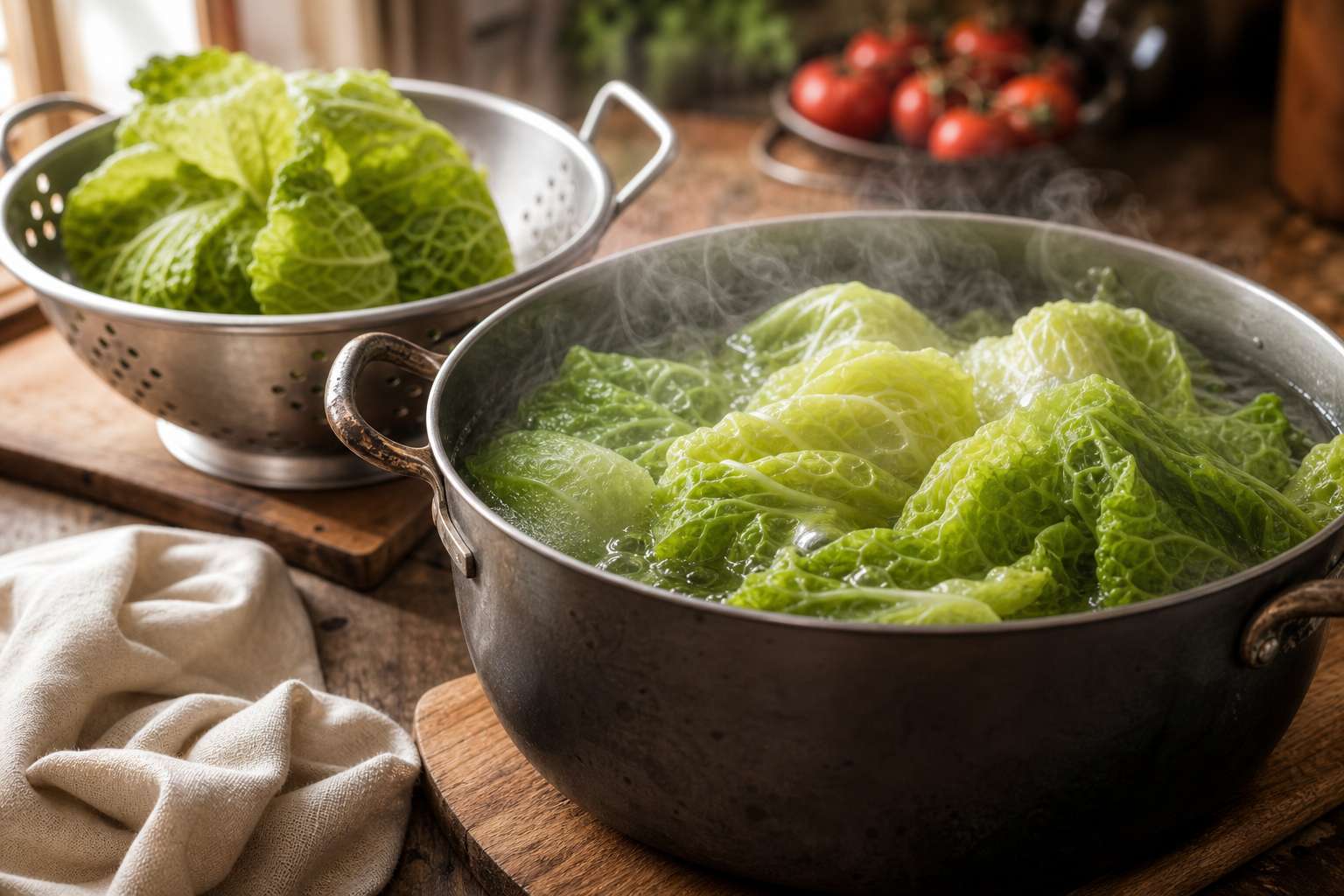 Chou vert frais sur planche a decouper preparation blanchiment parfait
