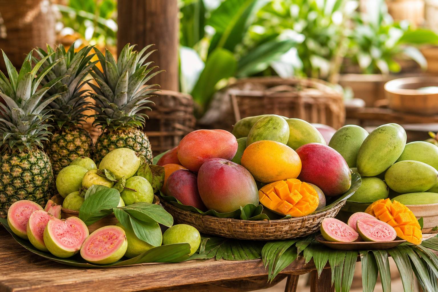 Fruits tropicaux frais goyaves mangues et ananas sur un marche