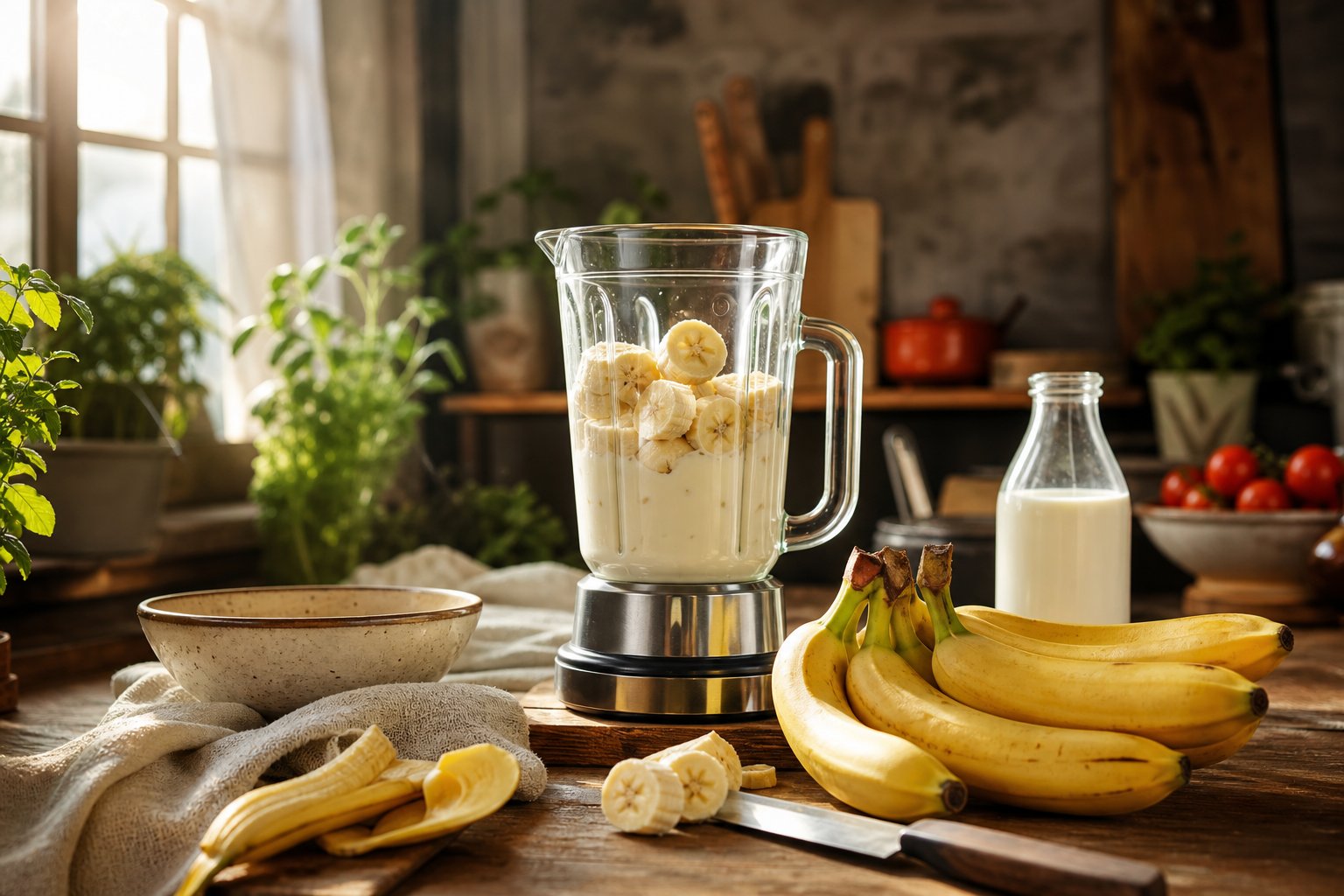 Preparation d'un milkshake a la banane avec fruits frais et lait dans une cuisine
