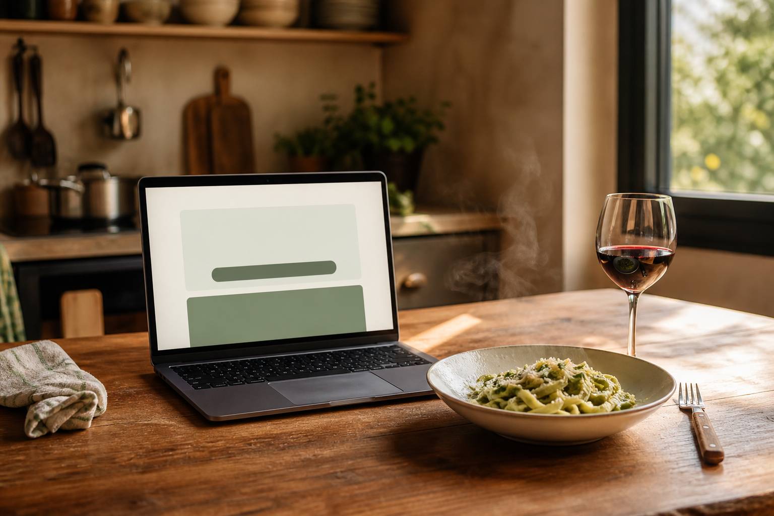 Ordinateur portable et assiette de pates fraiches aux herbes sur bureau de cuisine