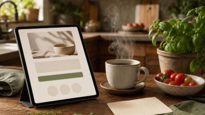 Abonnement newsletter culinaire sur tablette avec café et recette manuscrite
