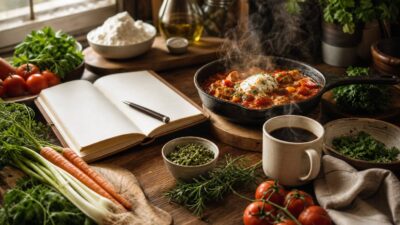 Newsletter culinaire élégante sur bureau de chef avec carnet de recettes et ingrédients