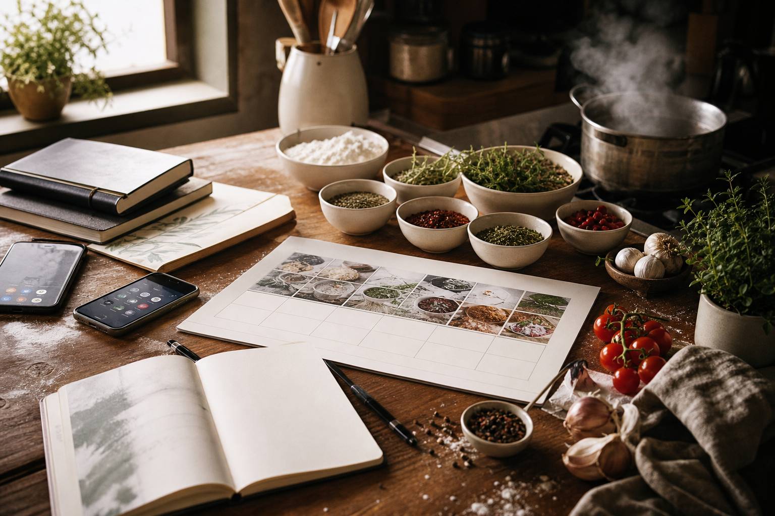 Espace de travail de chef avec carnets de notes calendrier éditorial et épices en bols