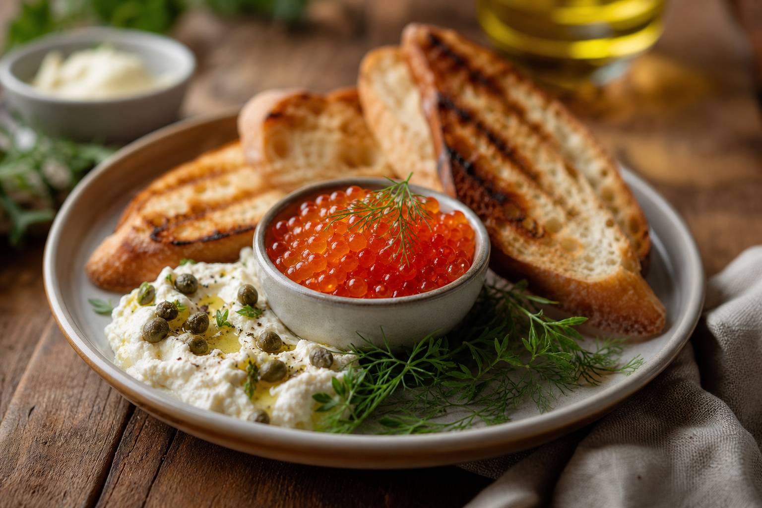 Assiette aperitive avec oeufs de saumon pain grille et herbes fraiches