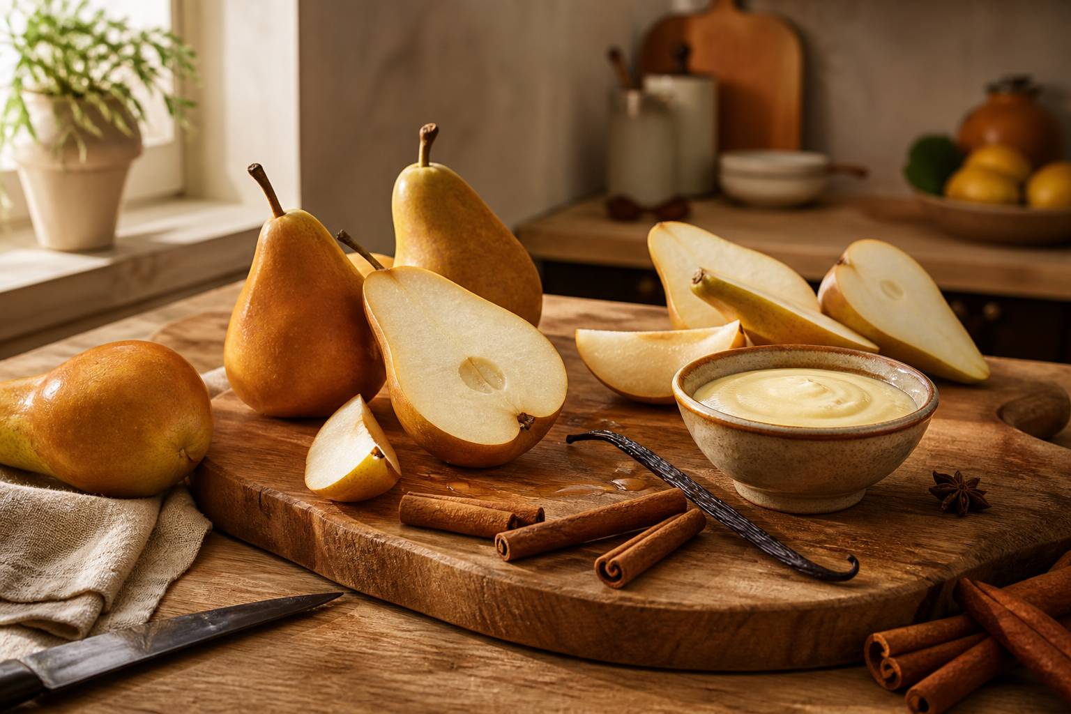 Ingrédients pour poires caramélisées avec cannelle, vanille et crème anglaise
