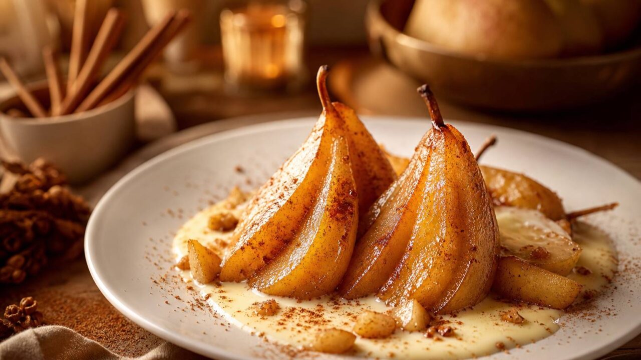 Poires fondantes caramélisées à la cannelle posées sur une onctueuse crème anglaise