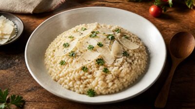 Risotto cremeux au riz arborio dans une assiette avec parmesan et persil