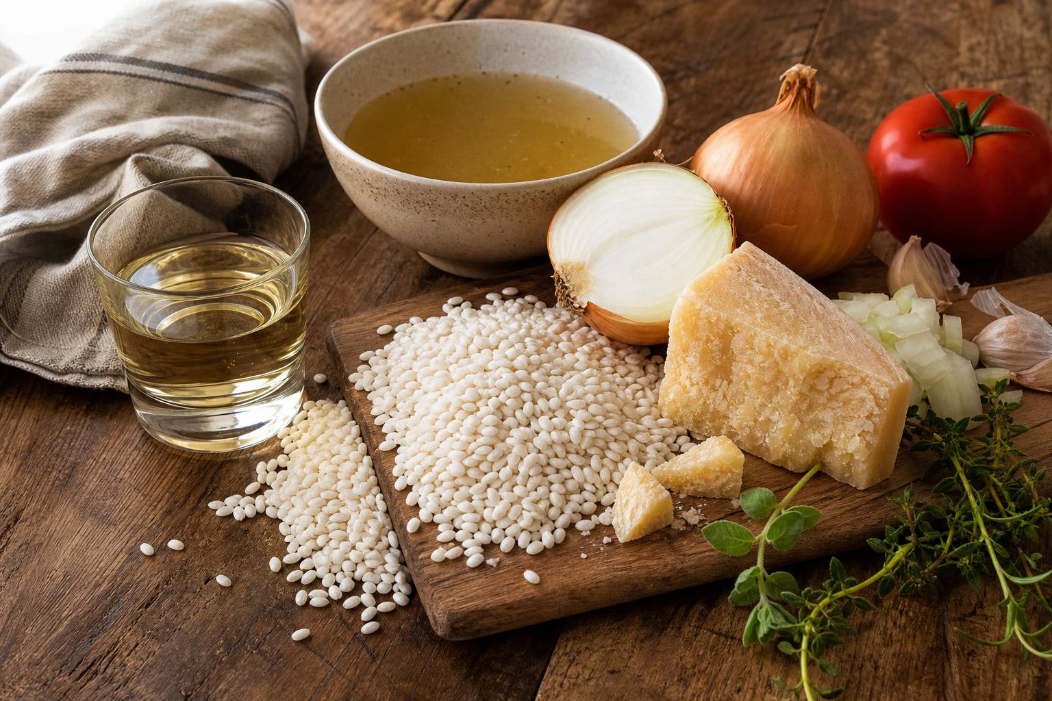 Ingredients pour risotto riz arborio parmesan oignon et vin blanc