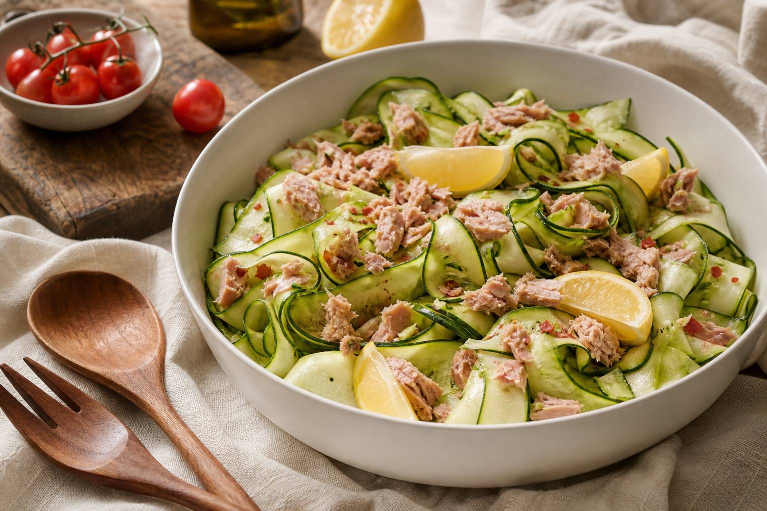 Salade de courgettes crues au thon et vinaigrette citron dans un bol ceramique blanche