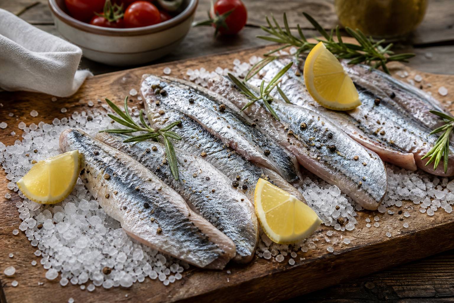 Filets de sardines frais posés sur lit de gros sel avec citron et romarin