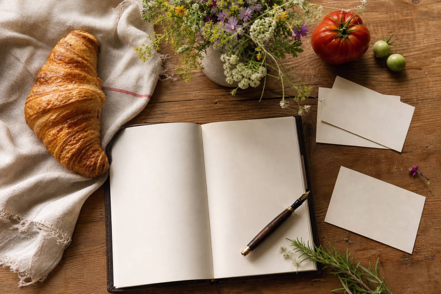 Table en bois avec carnet, stylo, fiches recettes et croissant sur nappe en lin