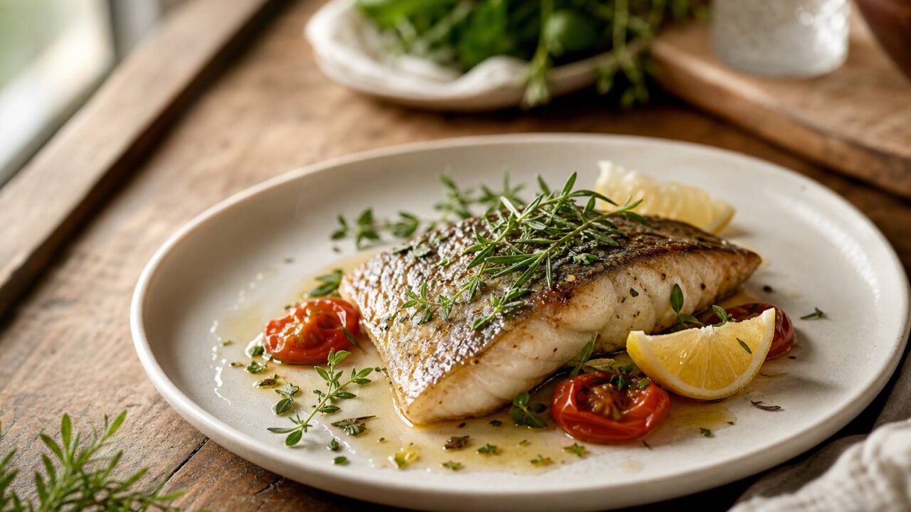 Filet de loup de mer parfumé au romarin avec une sauce au citron délicate