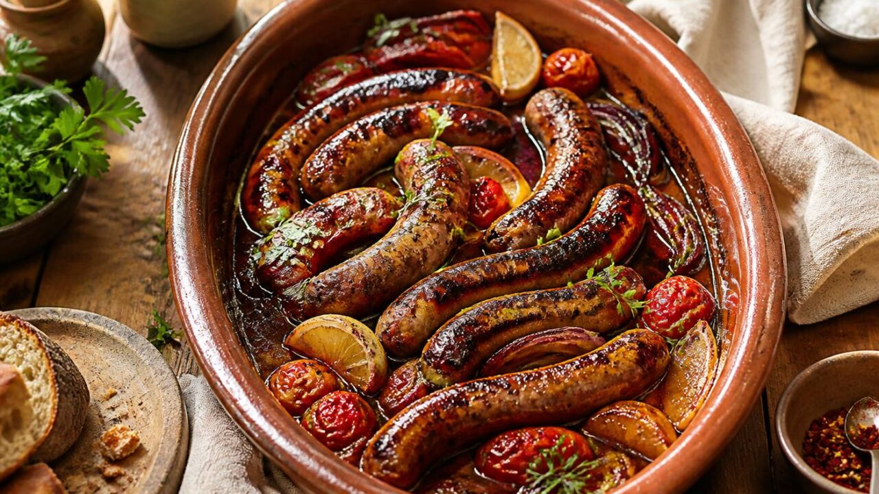 Merguez et saucisses rôties au four nappées d’une délicieuse sauce au miel