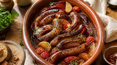 Merguez et saucisses roties nappees de sauce au miel dans un plat en terre cuite