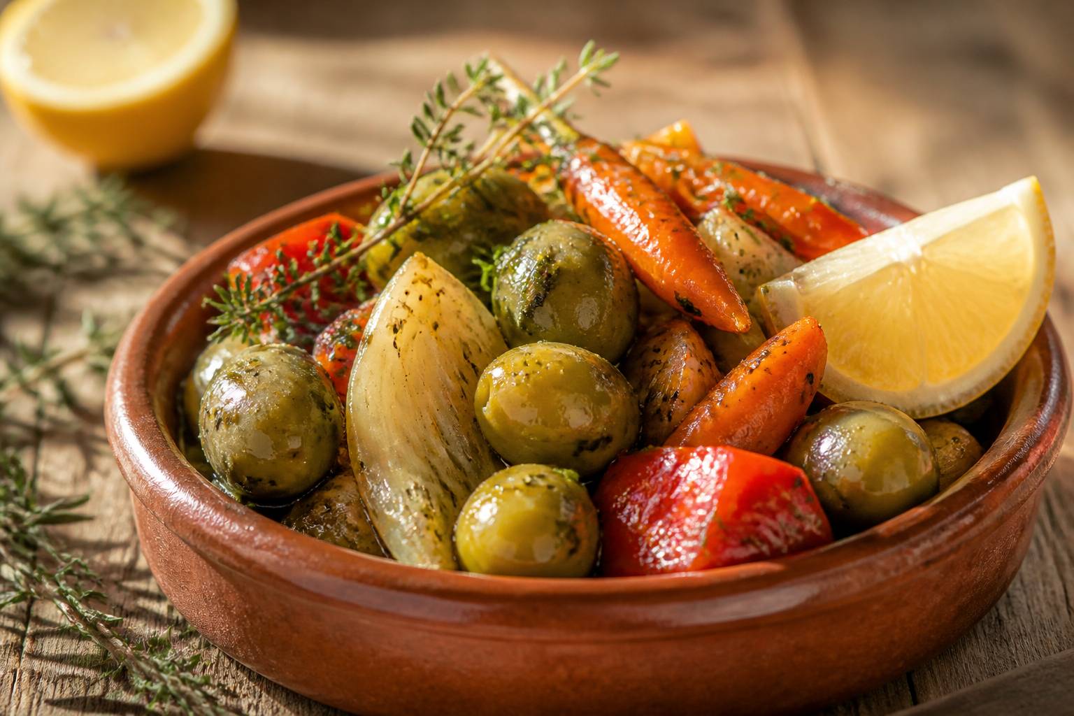 Coupelle en terre cuite d'olives marinées aux herbes et de légumes confits avec quartier de citron