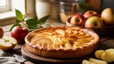 Tarte aux pommes dorée avec pommes fraîches sur une table en bois rustique