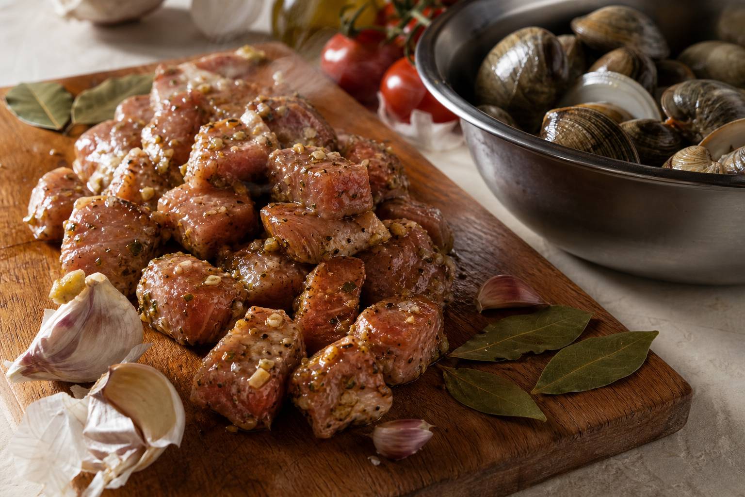 Dés de porc marinés, gousses d'ail et palourdes fraîches sur une planche en bois, recette portugaise