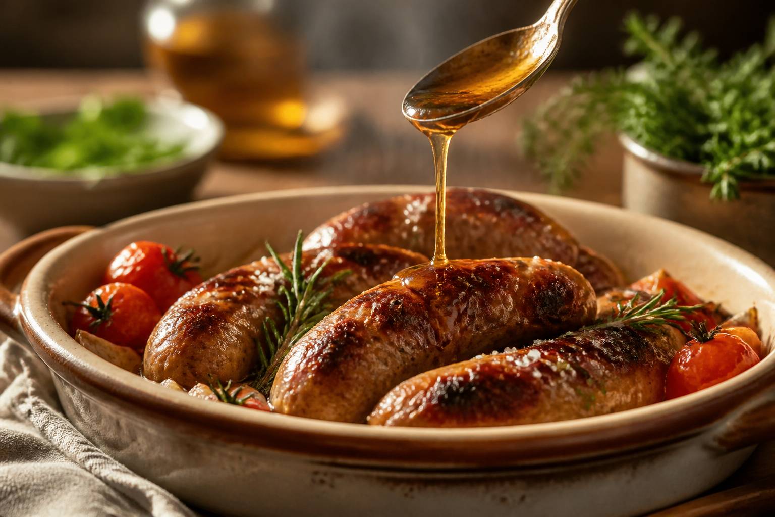 Filet de sauce au miel doree verse sur des saucisses roties fumantes avec du romarin