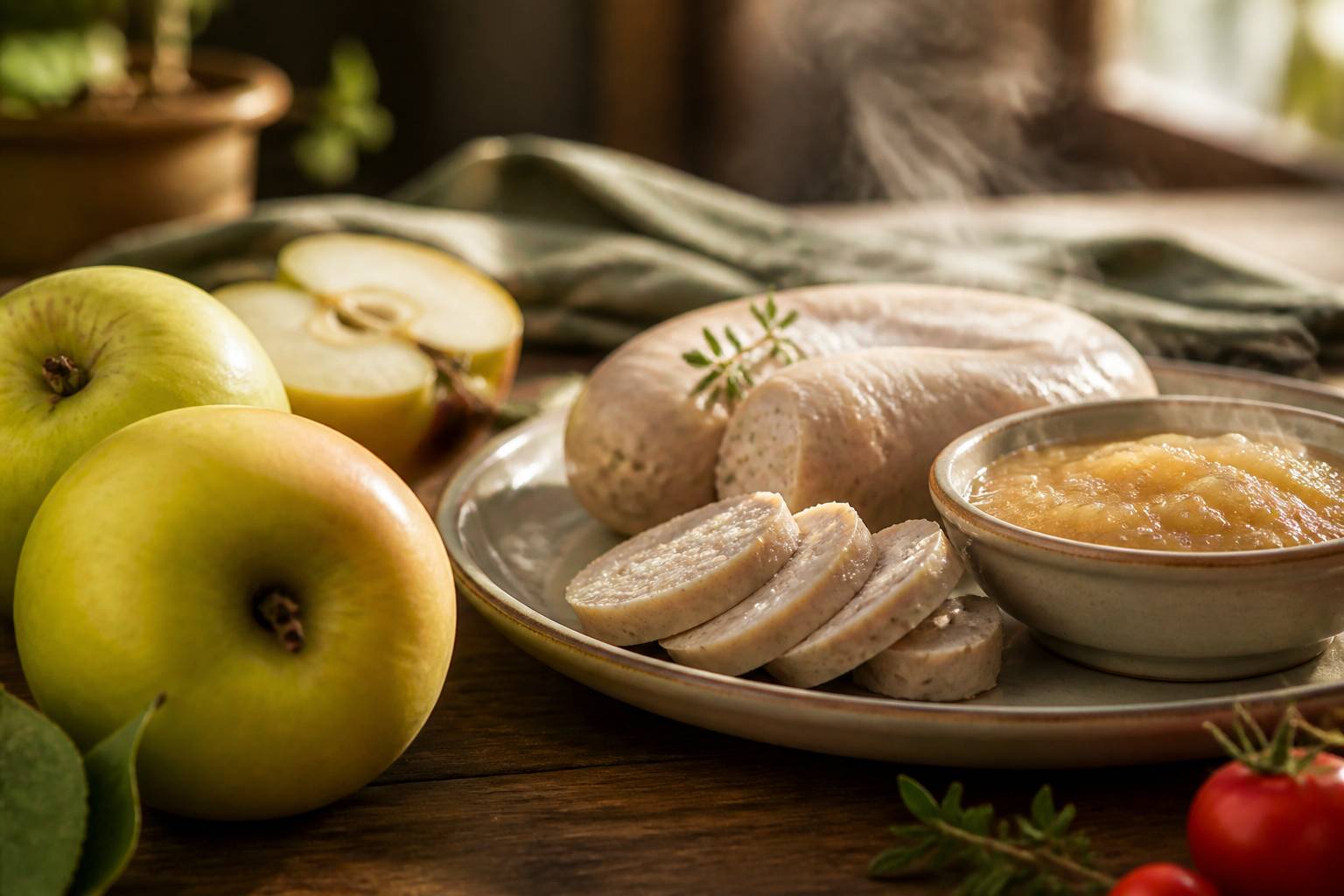 Pommes Belchard avec boudin blanc et compote dans un bol sur une table en bois