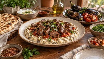 Illustration éditoriale du sujet : Découverte du Kebab Ali Nazik : Une spécialité turque savoureuse et authentique