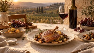 Assiette de canard confit accompagnee d'un verre de vin rouge