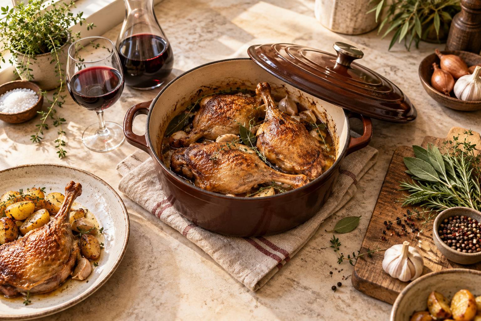 Cocotte de canard confit avec carafe de vin rouge sur un plan de travail