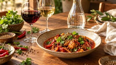 Deux verres de vin, rouge et blanc, près d'un plat épicé et d'épices en grains sur une table en bois