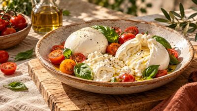 Assiette de burrata, stracciatella et mozzarella di bufala avec tomates cerises et basilic