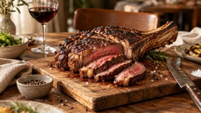 Côte de bœuf maturée sur une planche en bois avec un verre de vin rouge