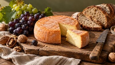 Meule de fromage a croute lavee sur une planche avec du raisin