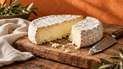 Meule de fromage coupée sur une planche en bois avec un couteau à lame large