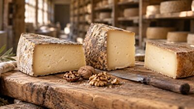 Trois quartiers de fromage de montagne à affinages différents sur une planche
