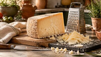 Quart de meule de fromage, râpe et copeaux sur une ardoise en cuisine