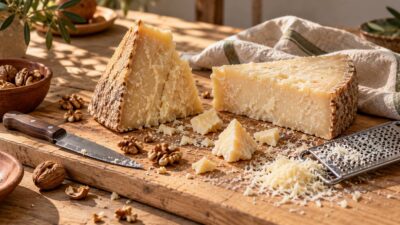 Deux quartiers de fromage affiné à pâte dure sur une planche avec une râpe métallique