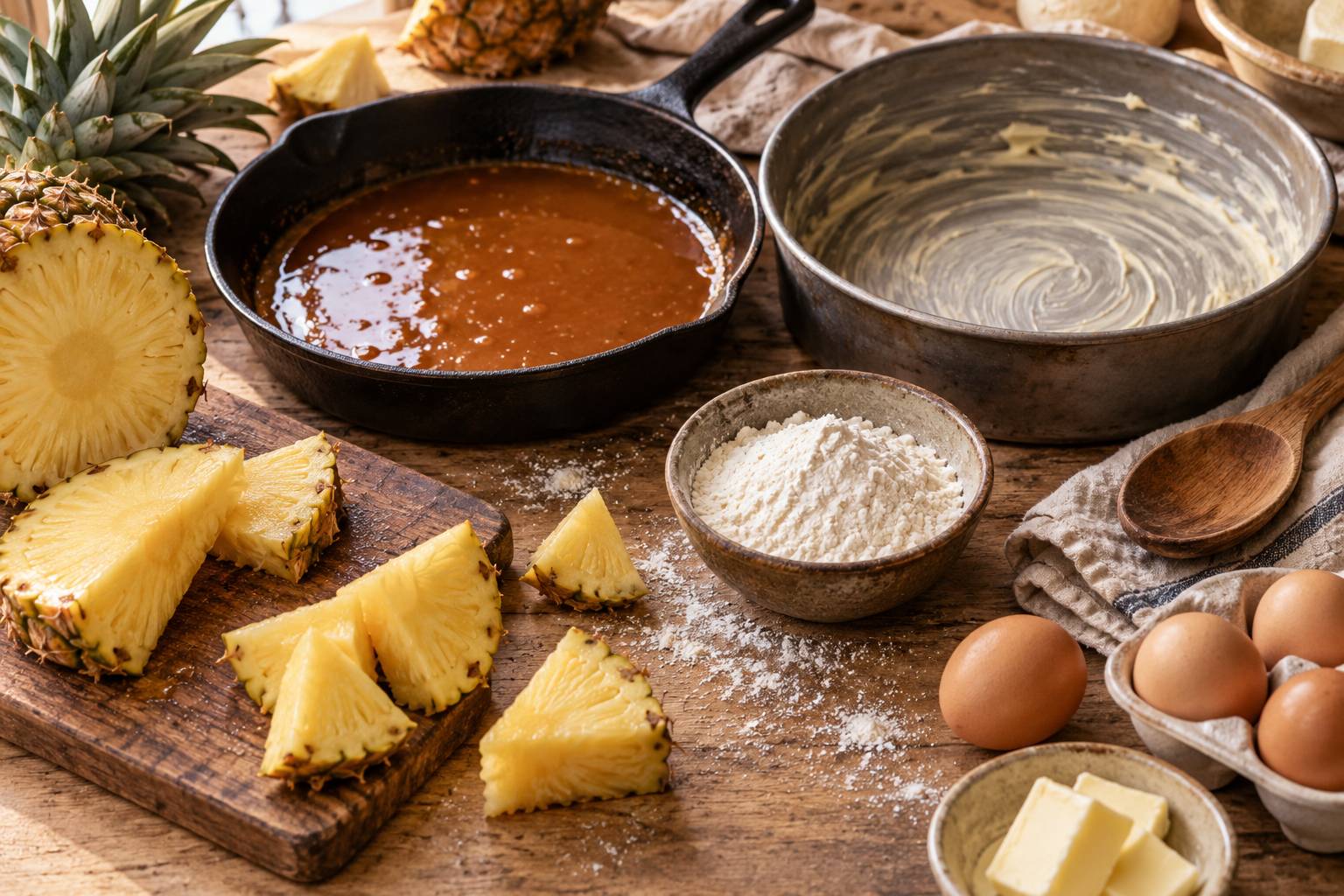 Ananas frais, caramel dore et moule beurre sur un plan de travail de patisserie