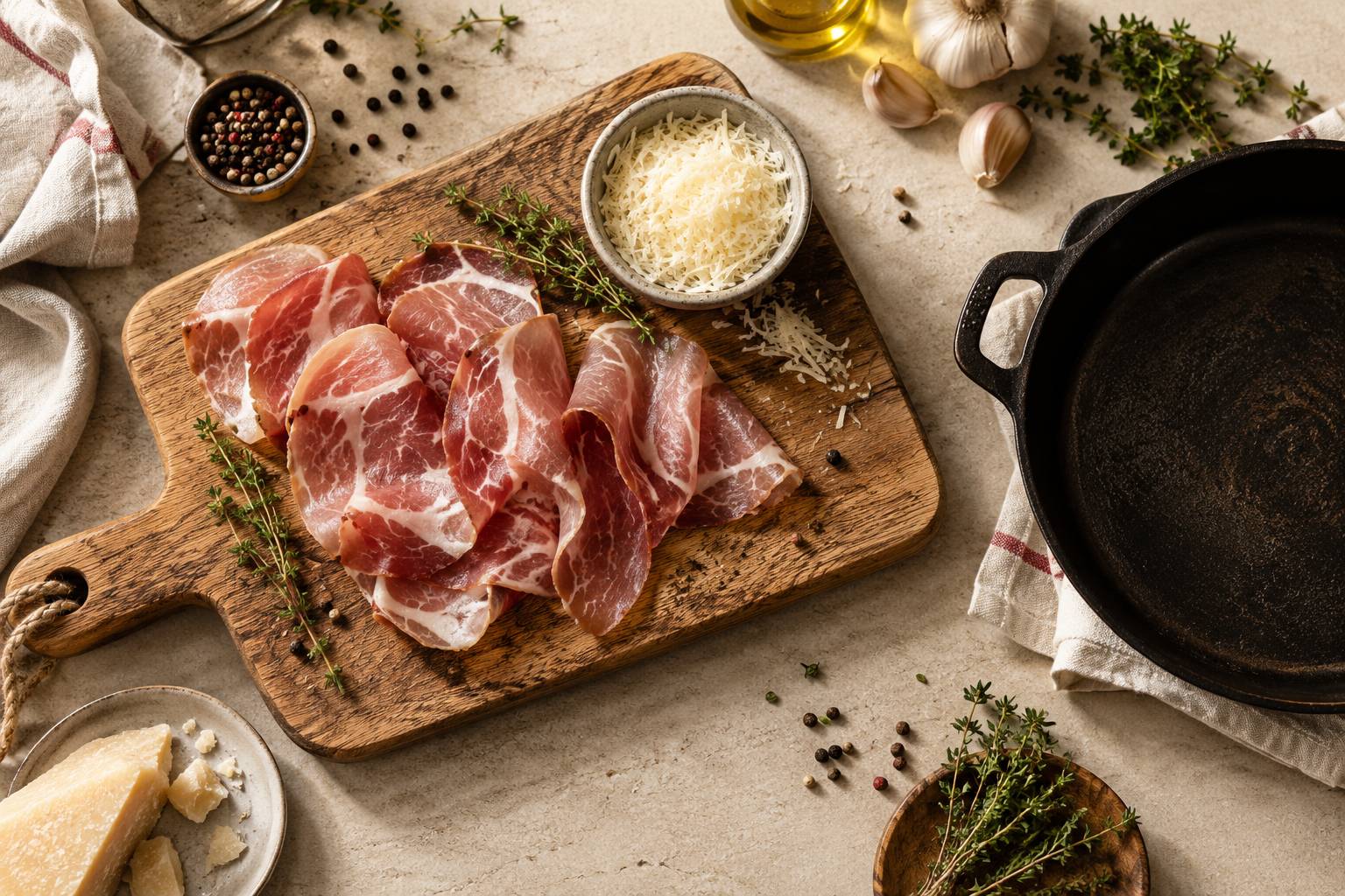 Charcuterie de porc tranchée, fromage râpé et poêle sur un plan de travail