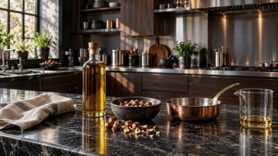 Bouteille d'huile de noisette dorée et noisettes concassées sur un plan de travail