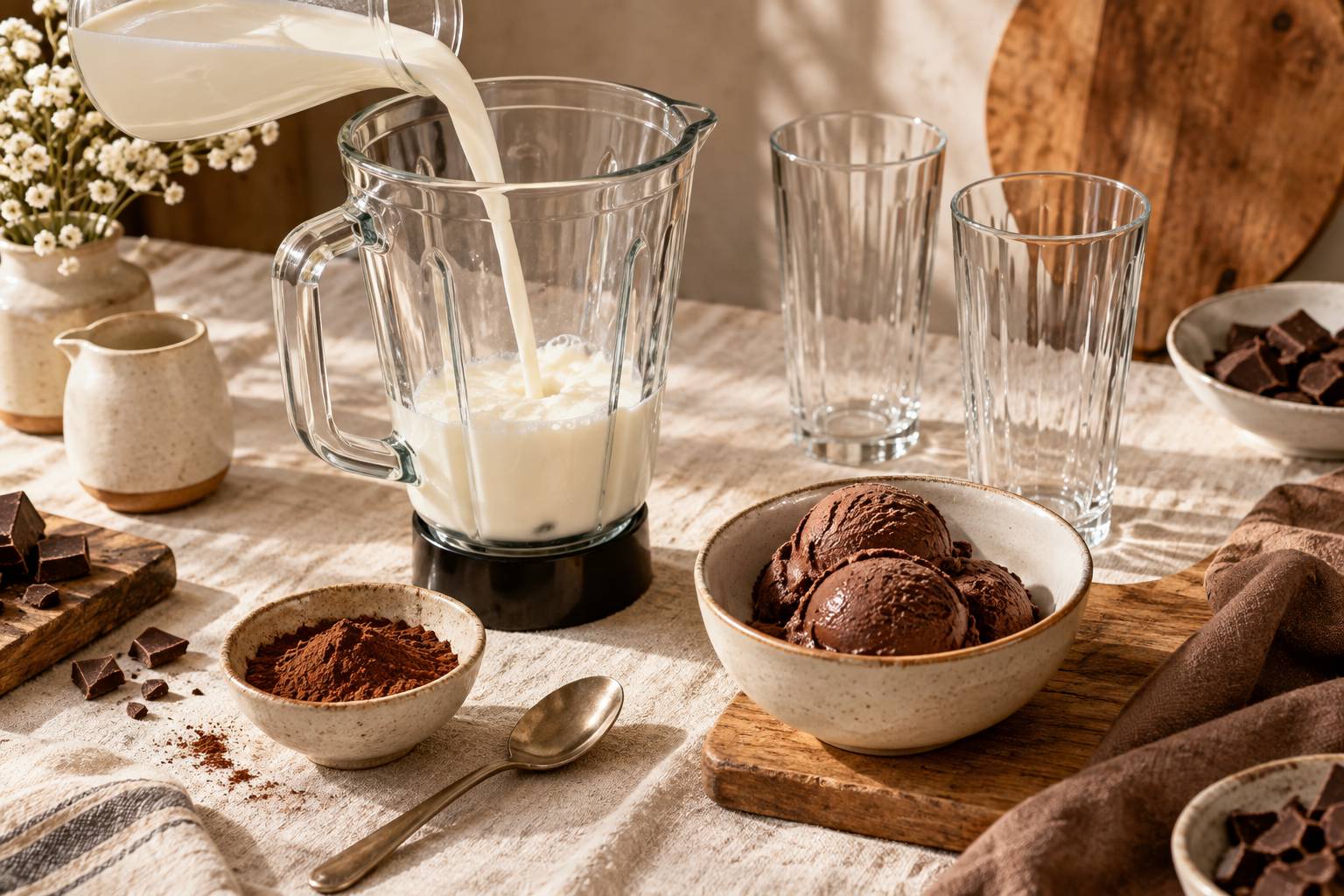 Preparation d'un milkshake au chocolat avec blender, glace et cacao sur un plan de travail