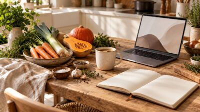 Table de cuisine avec ordinateur, carnet de recettes et legumes de saison
