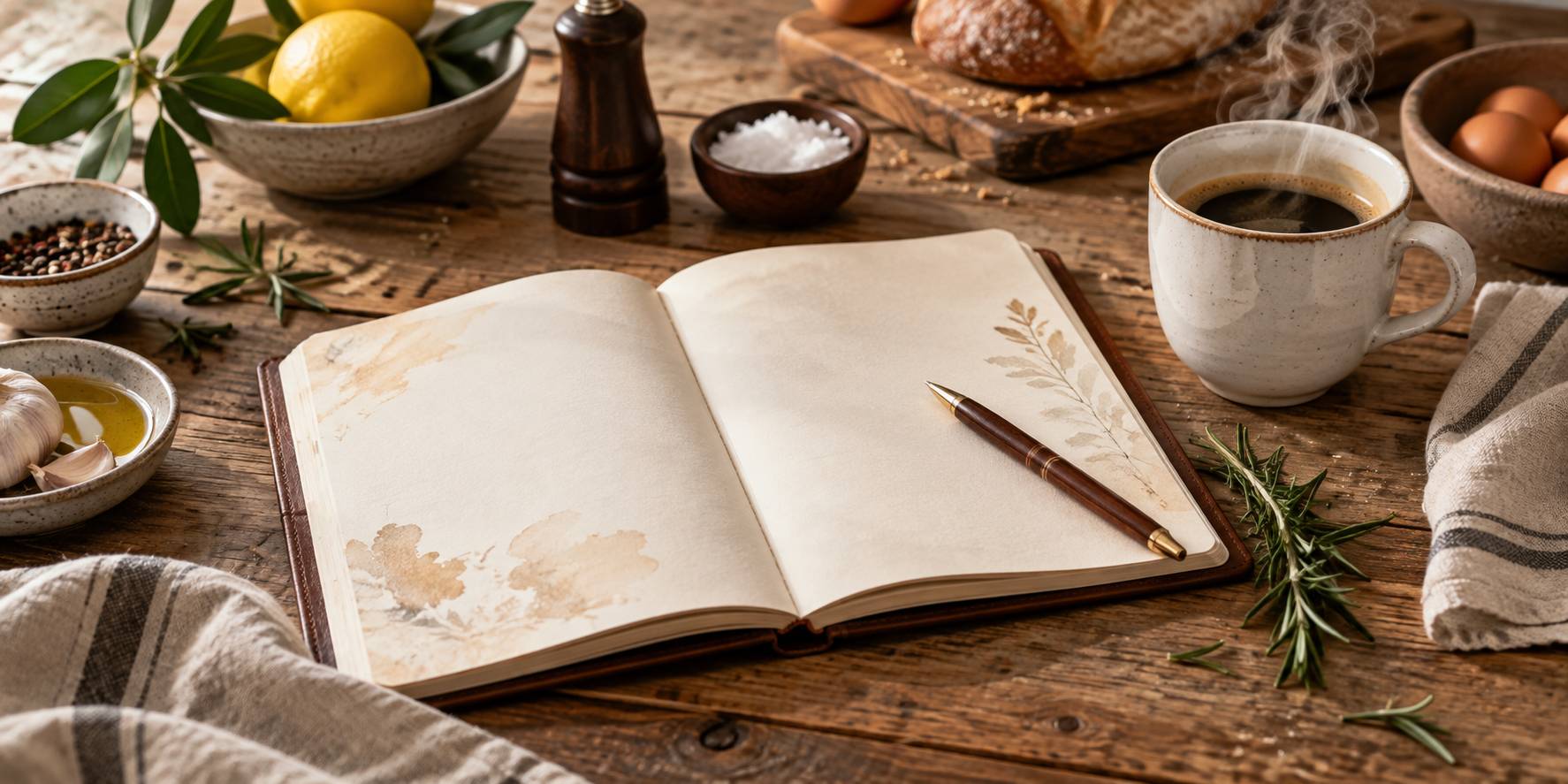 Carnet de cuisine ouvert pres d'une tasse de cafe et de romarin