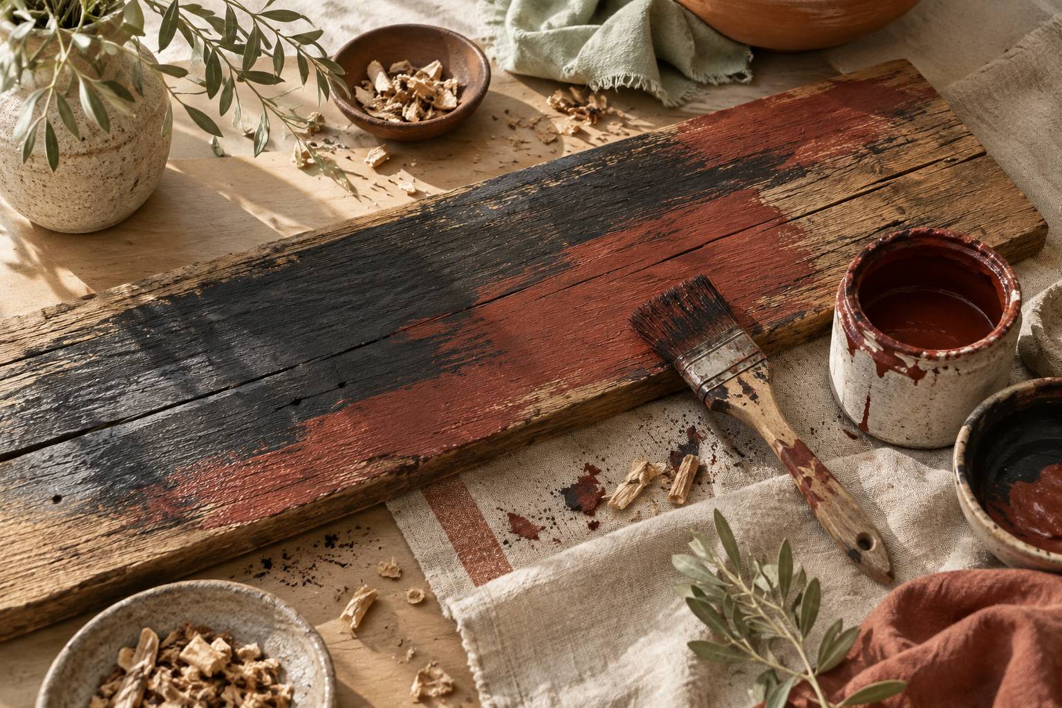 Planche de bois recupere peinte en rouge profond et noir charbon