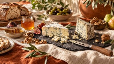 Plateau de fromages bleus cremeux et affines avec couteau, noix et pain sur une ardoise