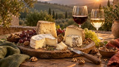 Plateau de fromages variés avec verre de vin rouge, raisin et noix sur une table en bois