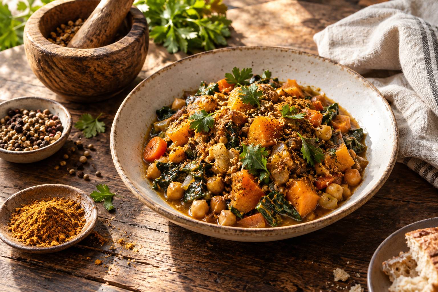 Plat de légumineuses mitonné saupoudré d'épices servi avec un bol d'épices
