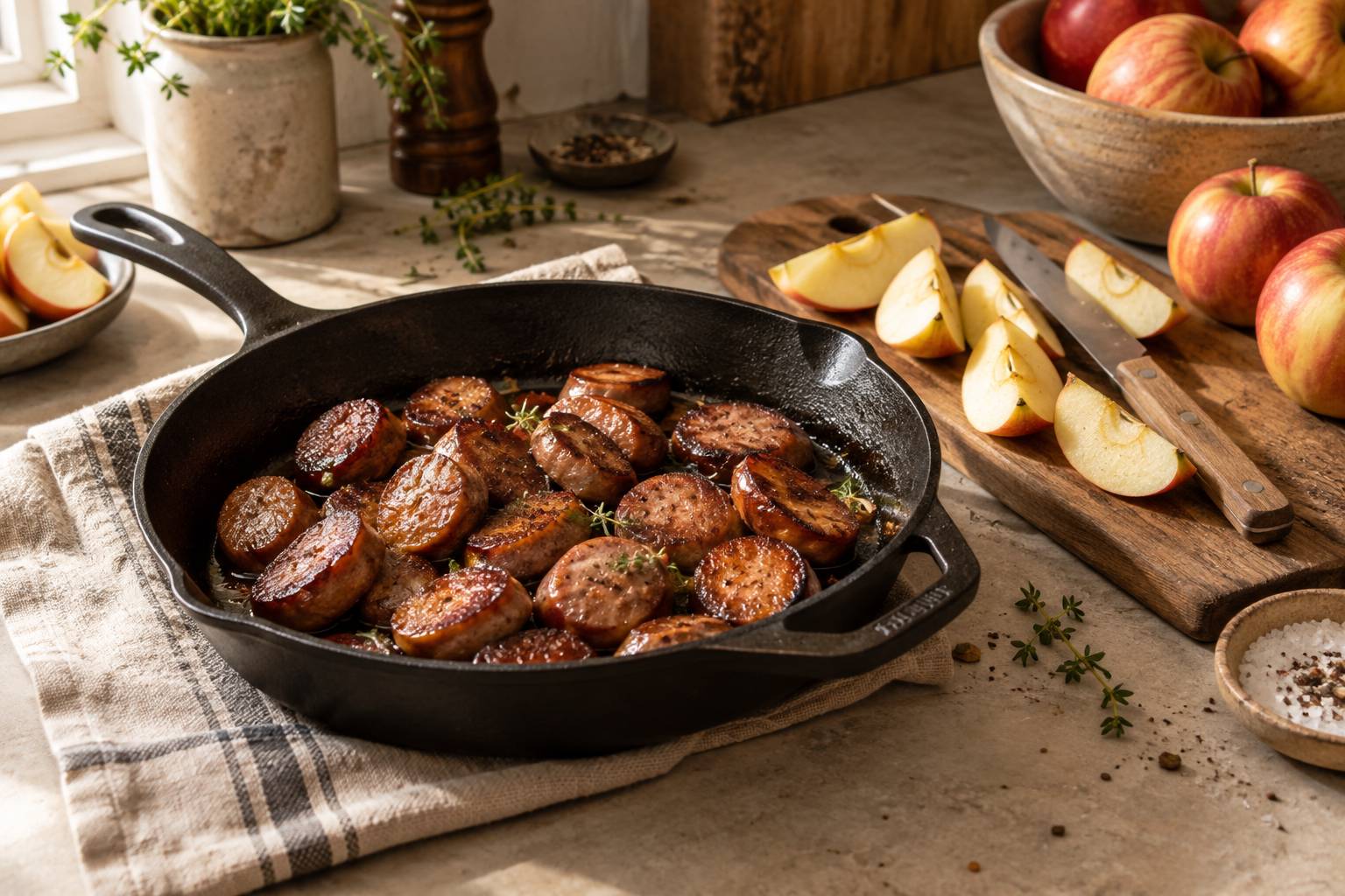 Poêle en fonte avec charcuterie grillée et quartiers de pommes